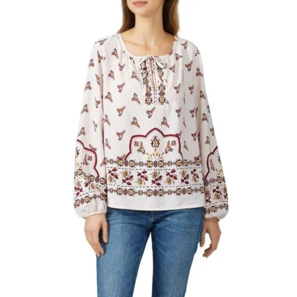 Bobeau Boho Peasant Blouse White Burgundy Floral Long Sleeve Size XS